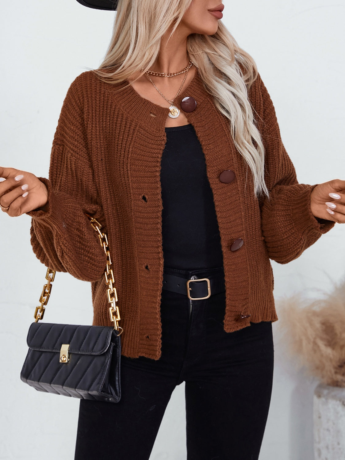 Button Down Long Sleeve Cardigan - Brown / S