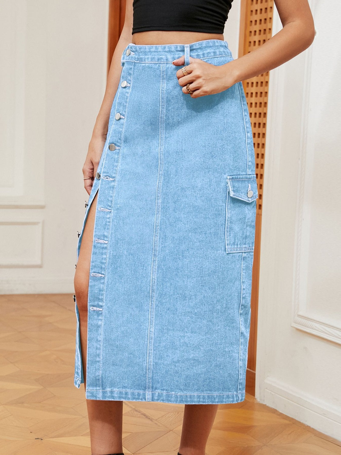 Button Down Midi Denim Skirt - Light / S