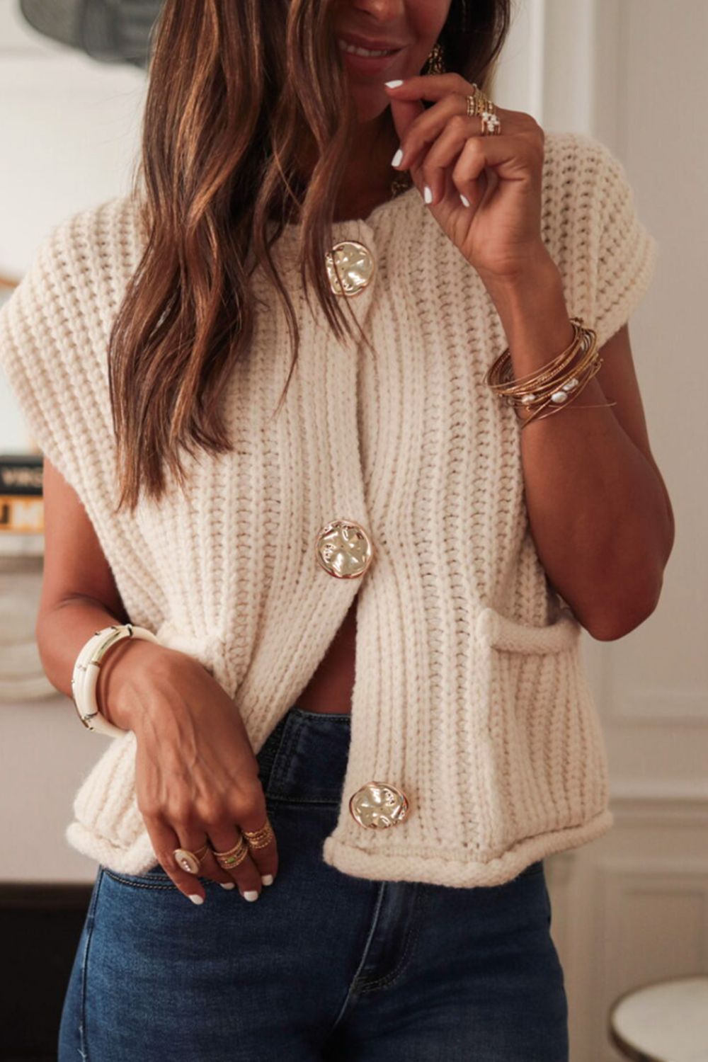 Button Down Sweater Vest with Pockets - Cream / S