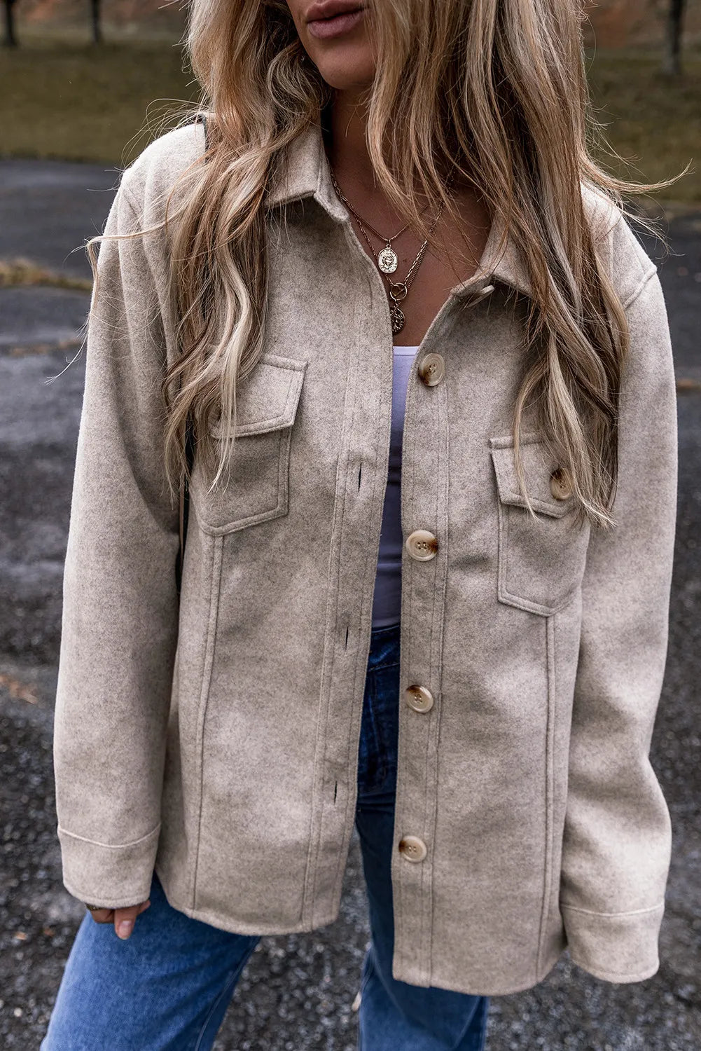 Button Up Collared Neck Long Sleeve Jacket - Dust Storm / S