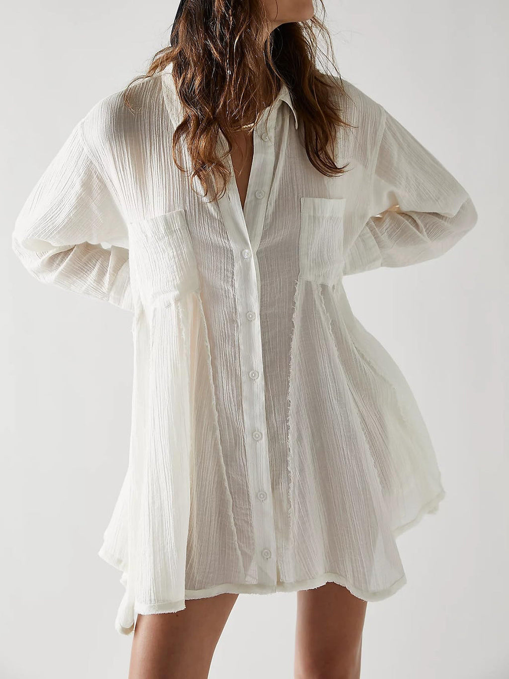 Button Up Collared Neck Long Sleeve Longline Shirt - White / S