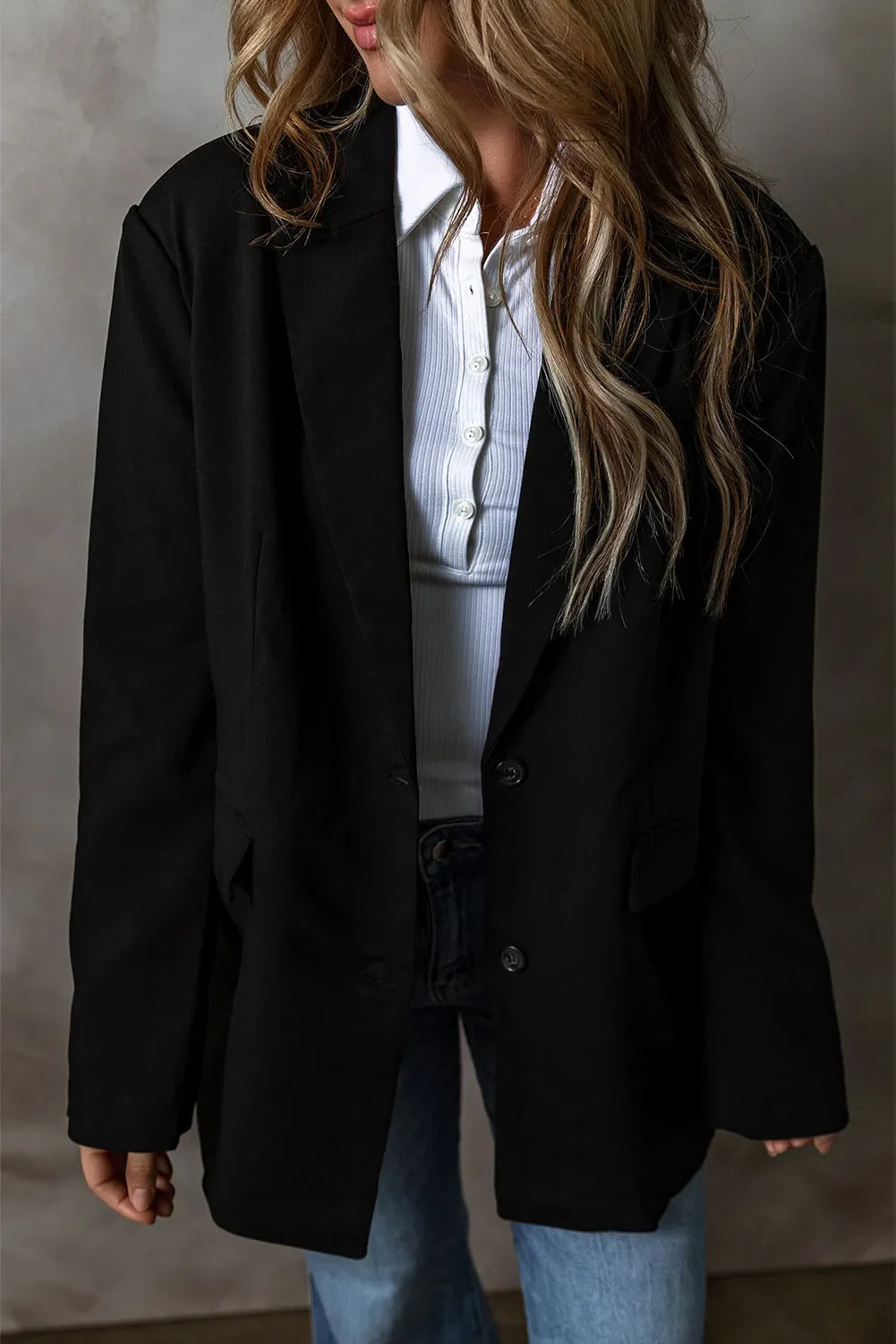 Button Up Long Sleeve Blazer - Black / S