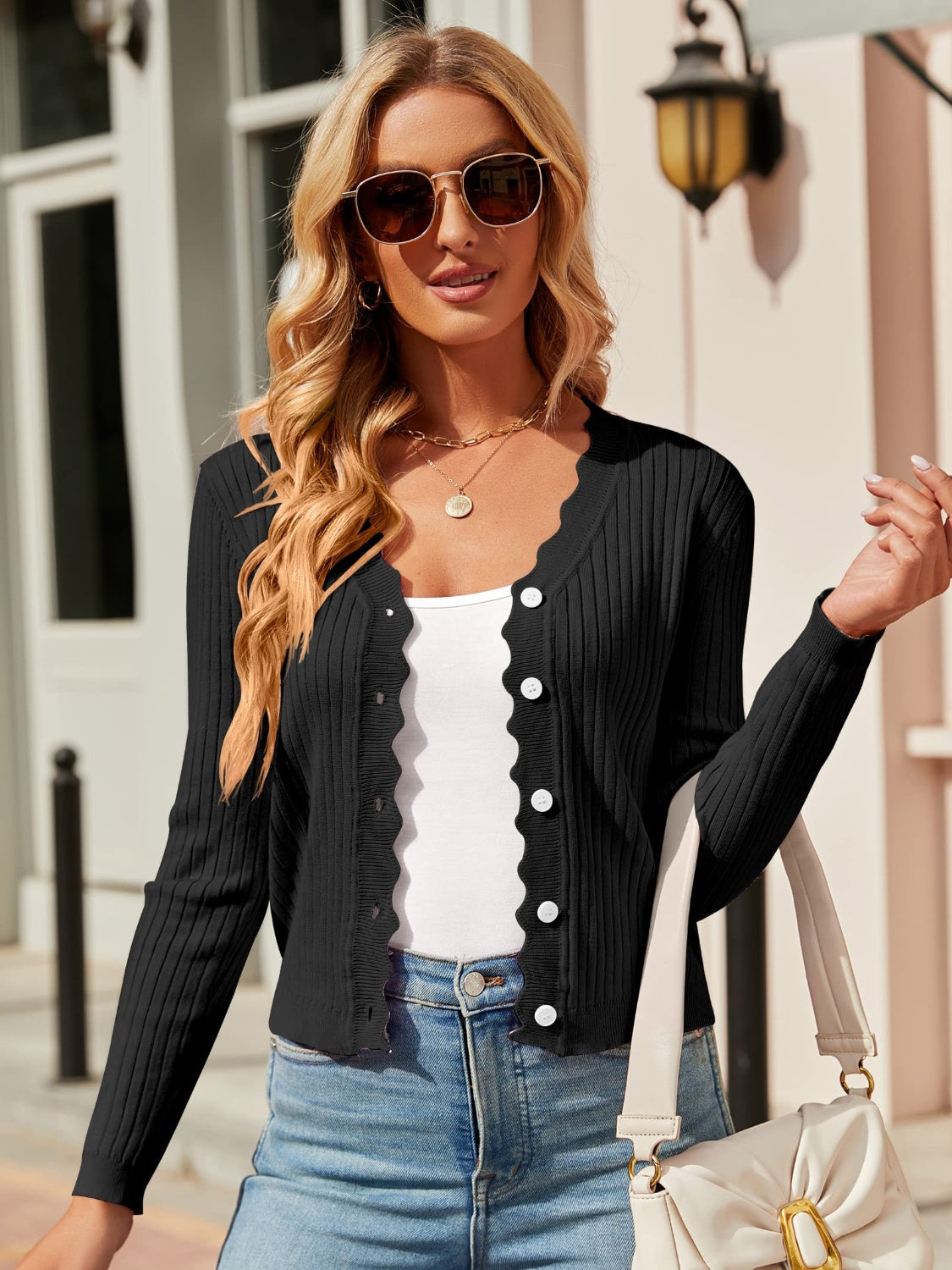 Button Up Long Sleeve Cardigan - Black / S
