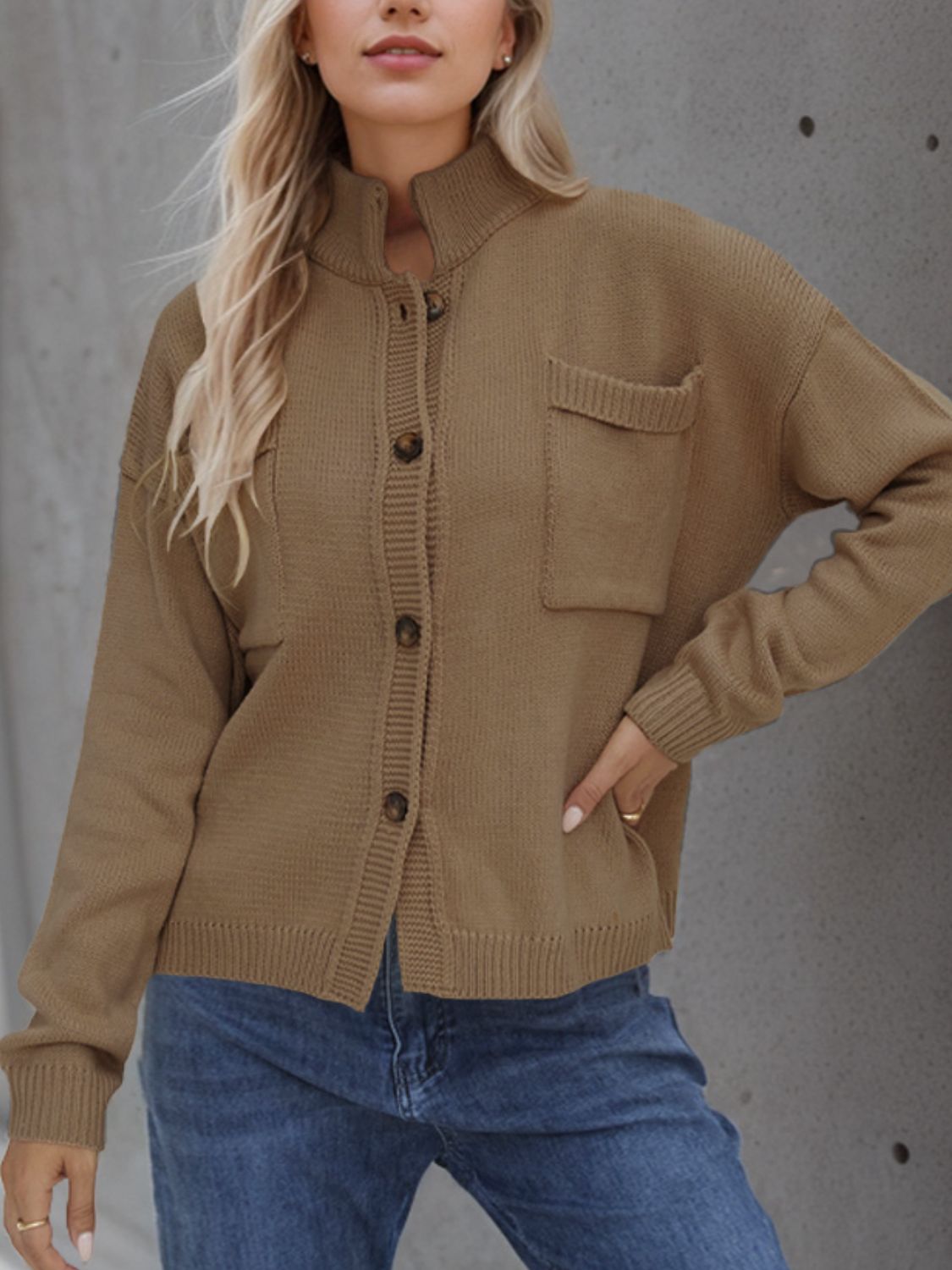 Button Up Long Sleeve Cardigan - Camel / S