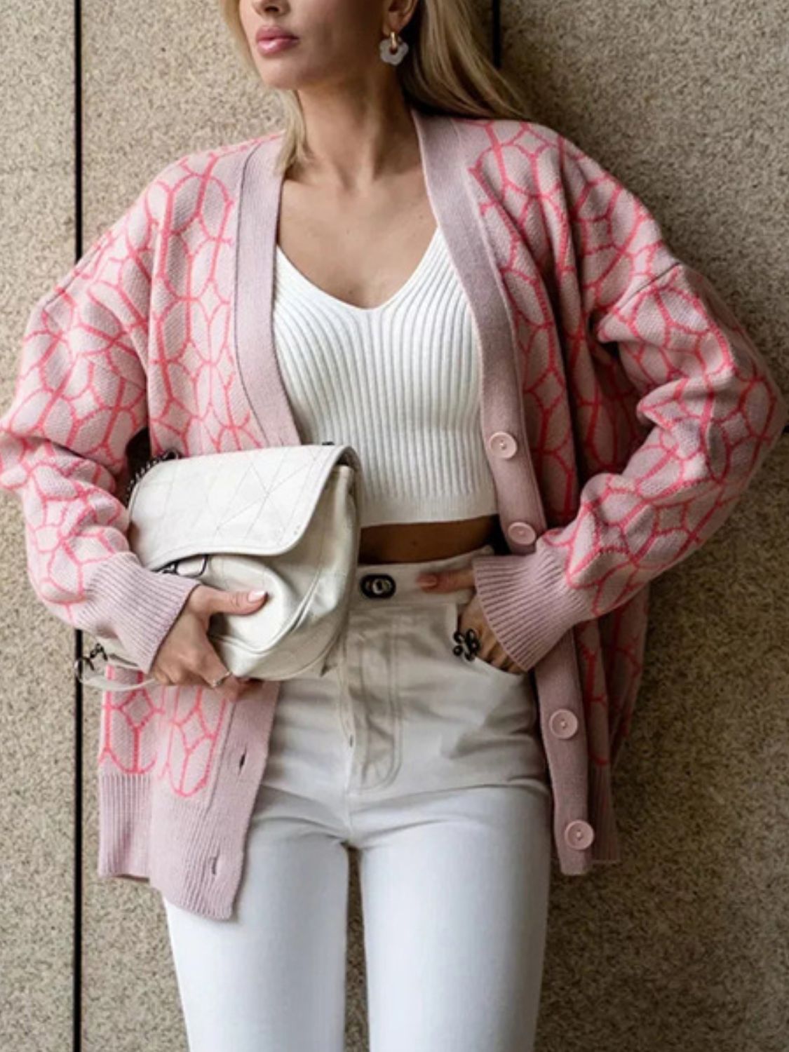 Button Up Long Sleeve Cardigan - Dusty Pink / One Size