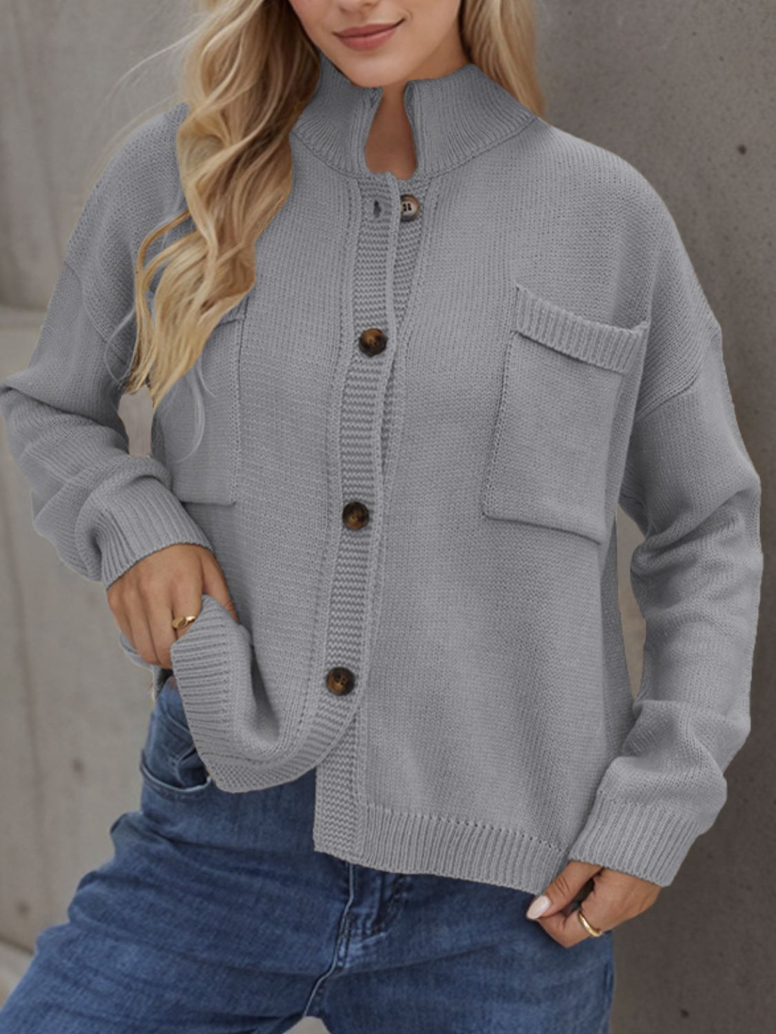 Button Up Long Sleeve Cardigan - Gray / S