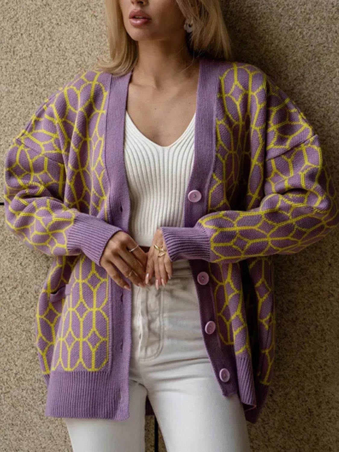 Button Up Long Sleeve Cardigan - Mauve / One Size