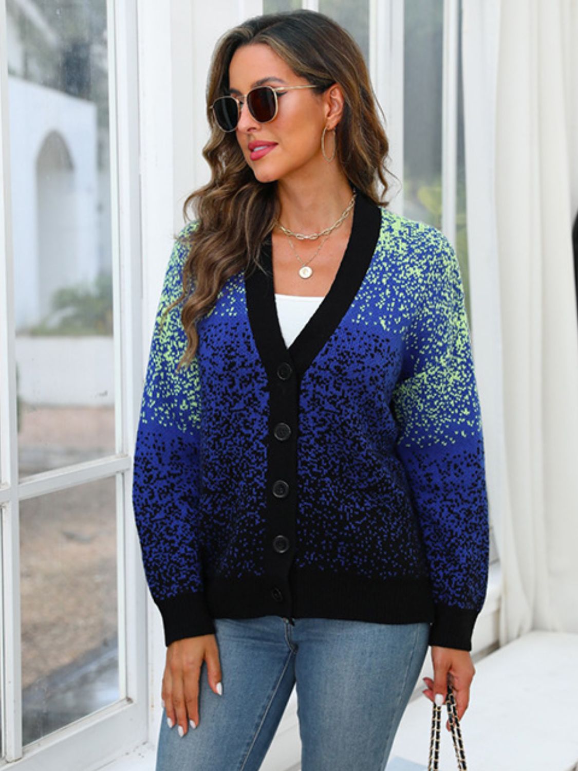 Button Up Long Sleeve Cardigan - Navy / One Size