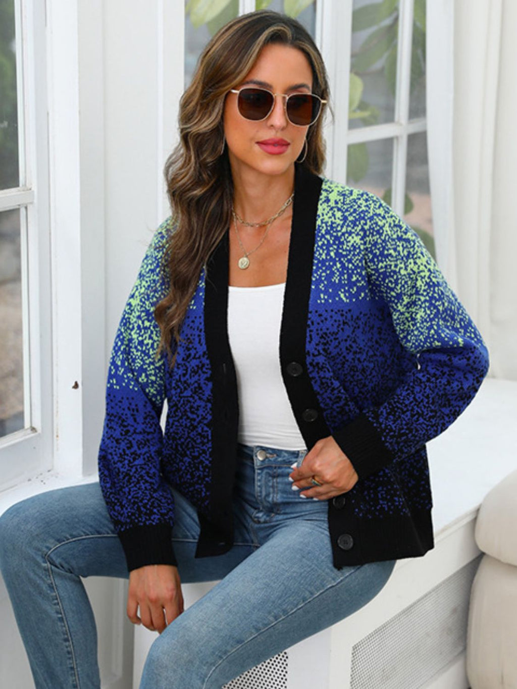 Button Up Long Sleeve Cardigan - Navy / One Size