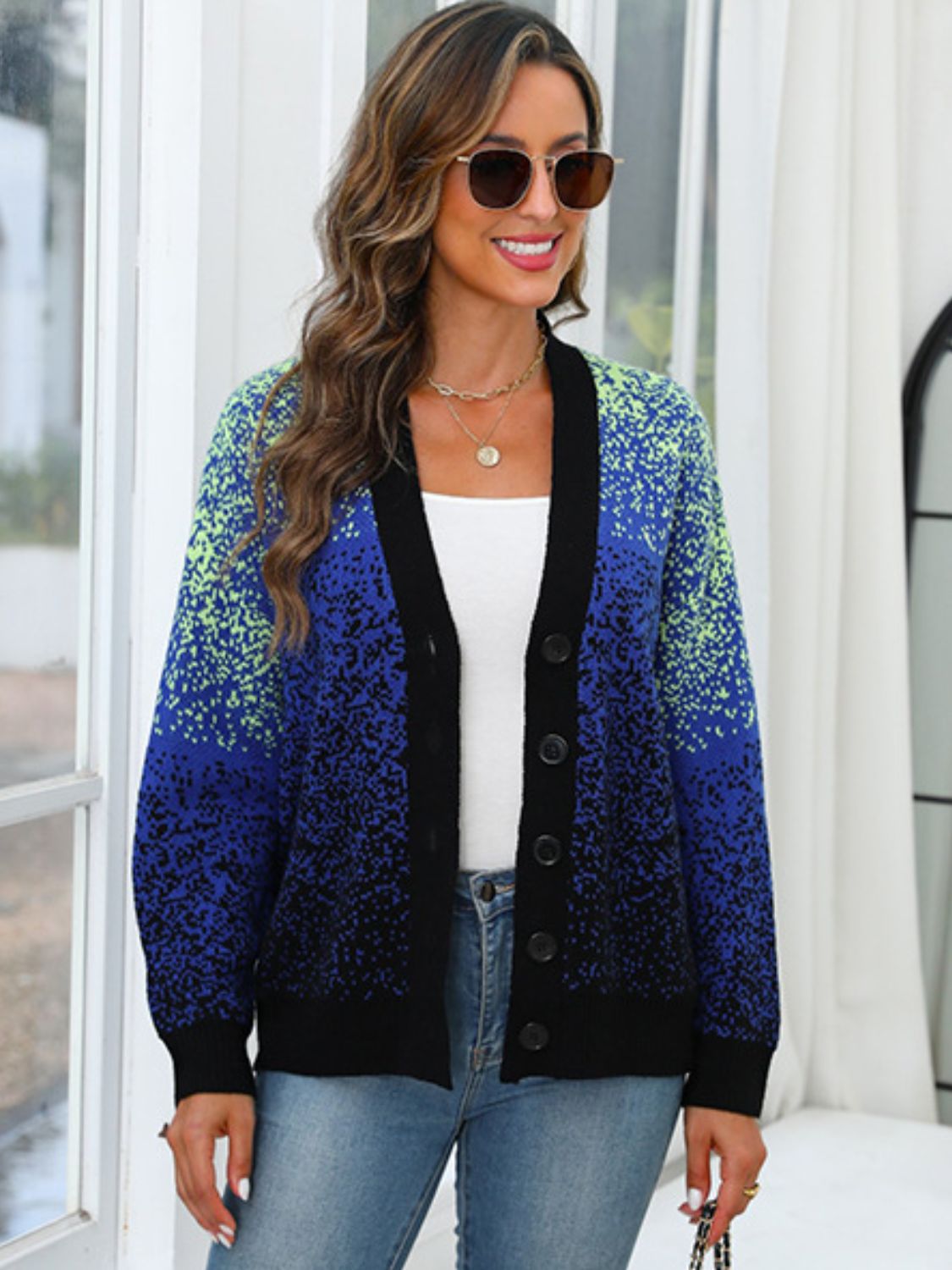 Button Up Long Sleeve Cardigan - Navy / One Size