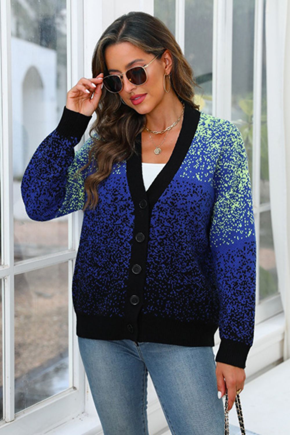 Button Up Long Sleeve Cardigan - Navy / One Size