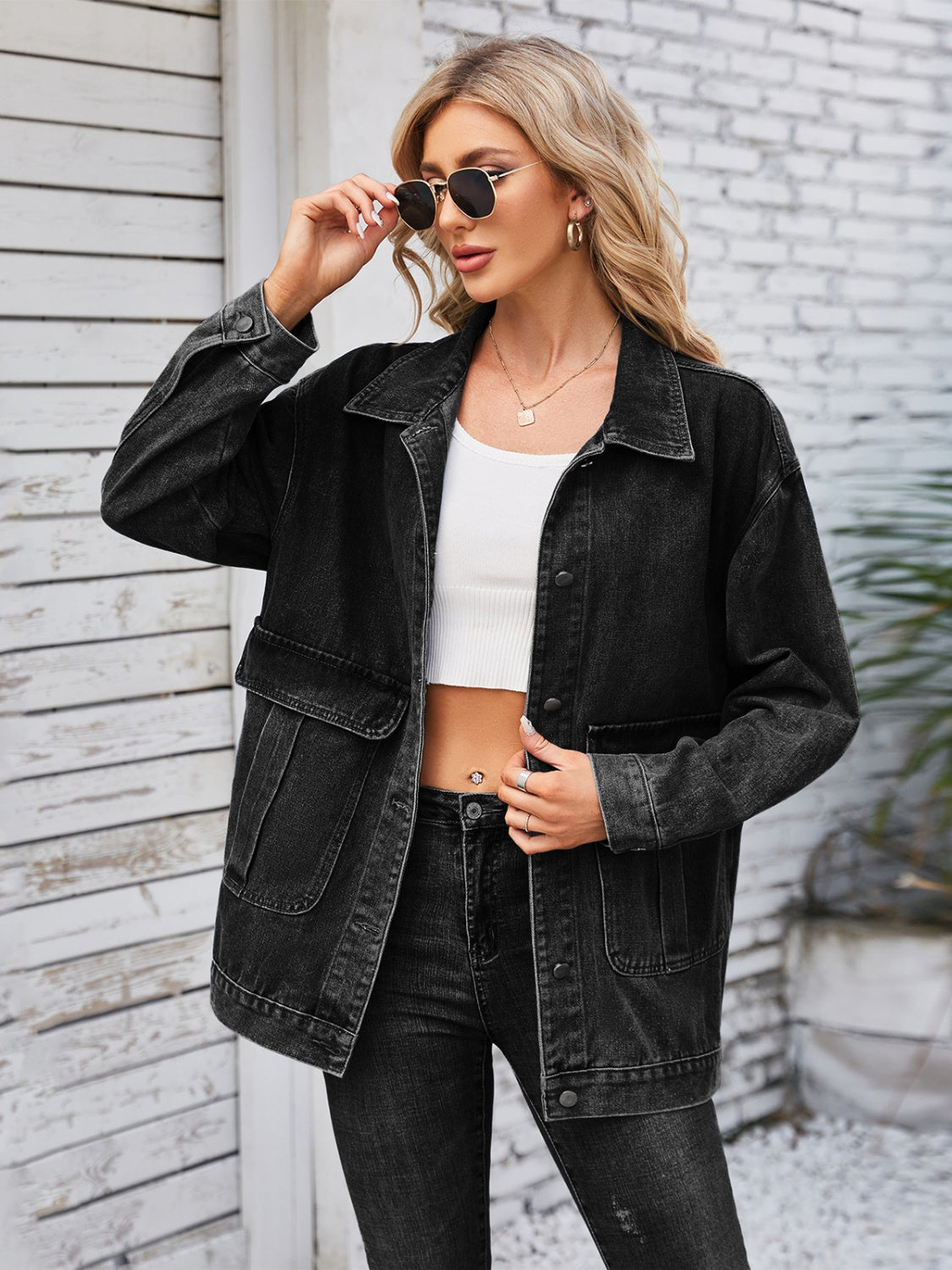 Button Up Long Sleeve Denim Jacket - Black / S