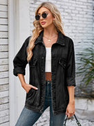 Button Up Long Sleeve Denim Jacket - Black / S