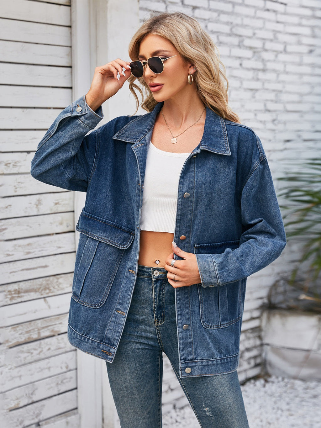 Button Up Long Sleeve Denim Jacket - Dusty Blue / S