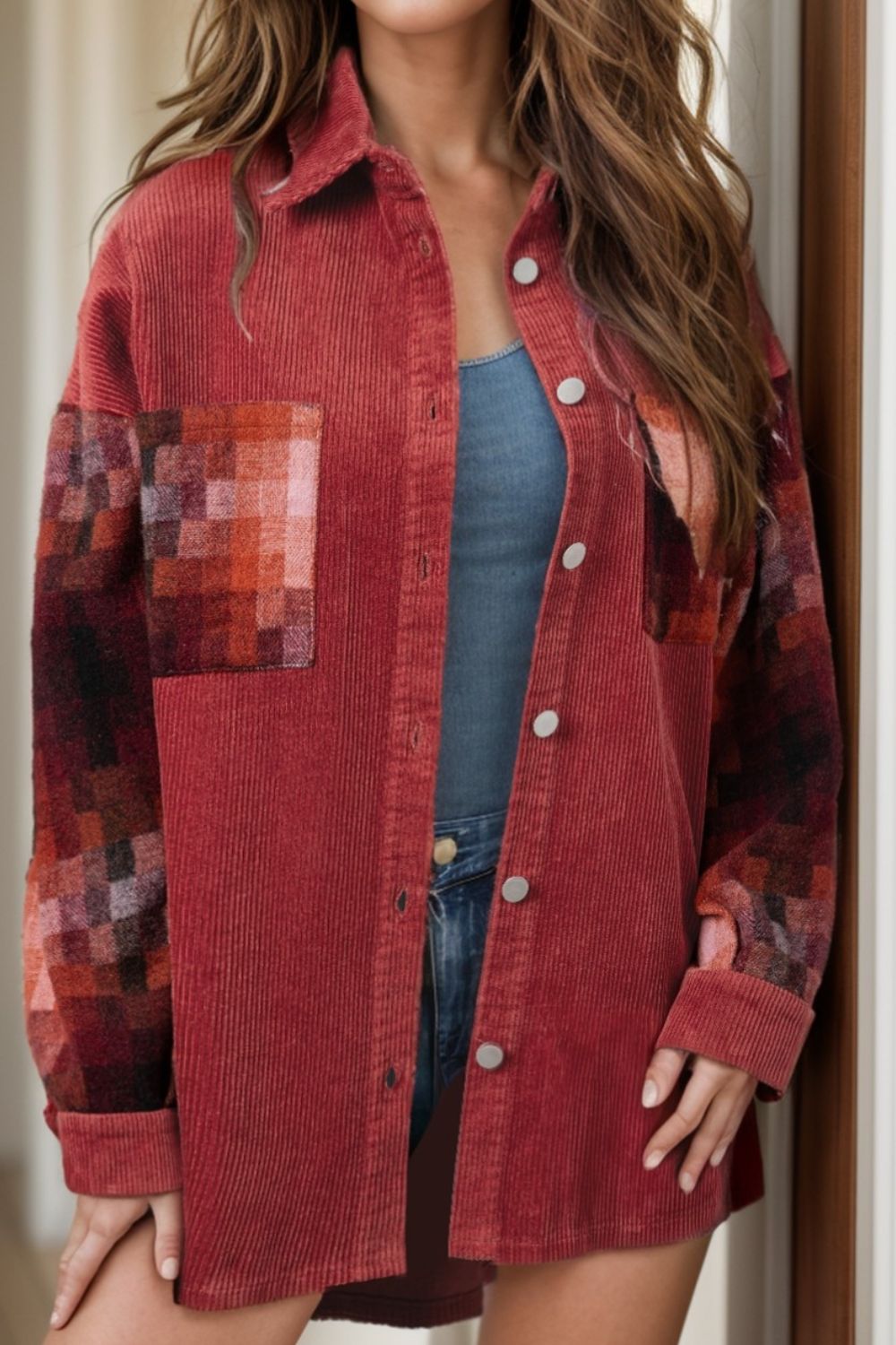 Button Up Long Sleeve Jacket - Burgundy / S