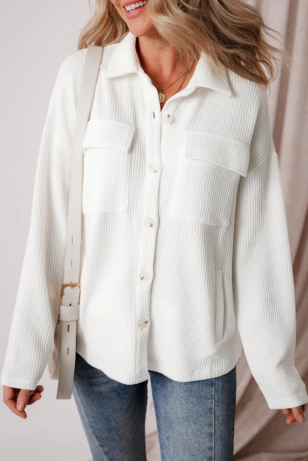 Button Up Long Sleeve Shacket - White / S