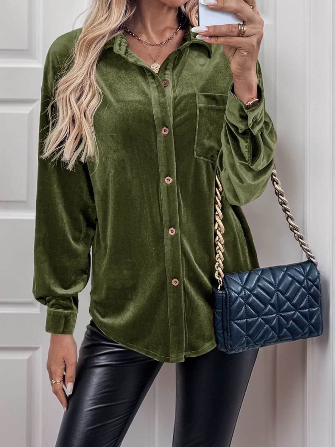 Button Up Long Sleeve Shirt - Moss / M