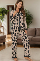 Button Up Long Sleeve Top and Pants Lounge Set - Leopard / S