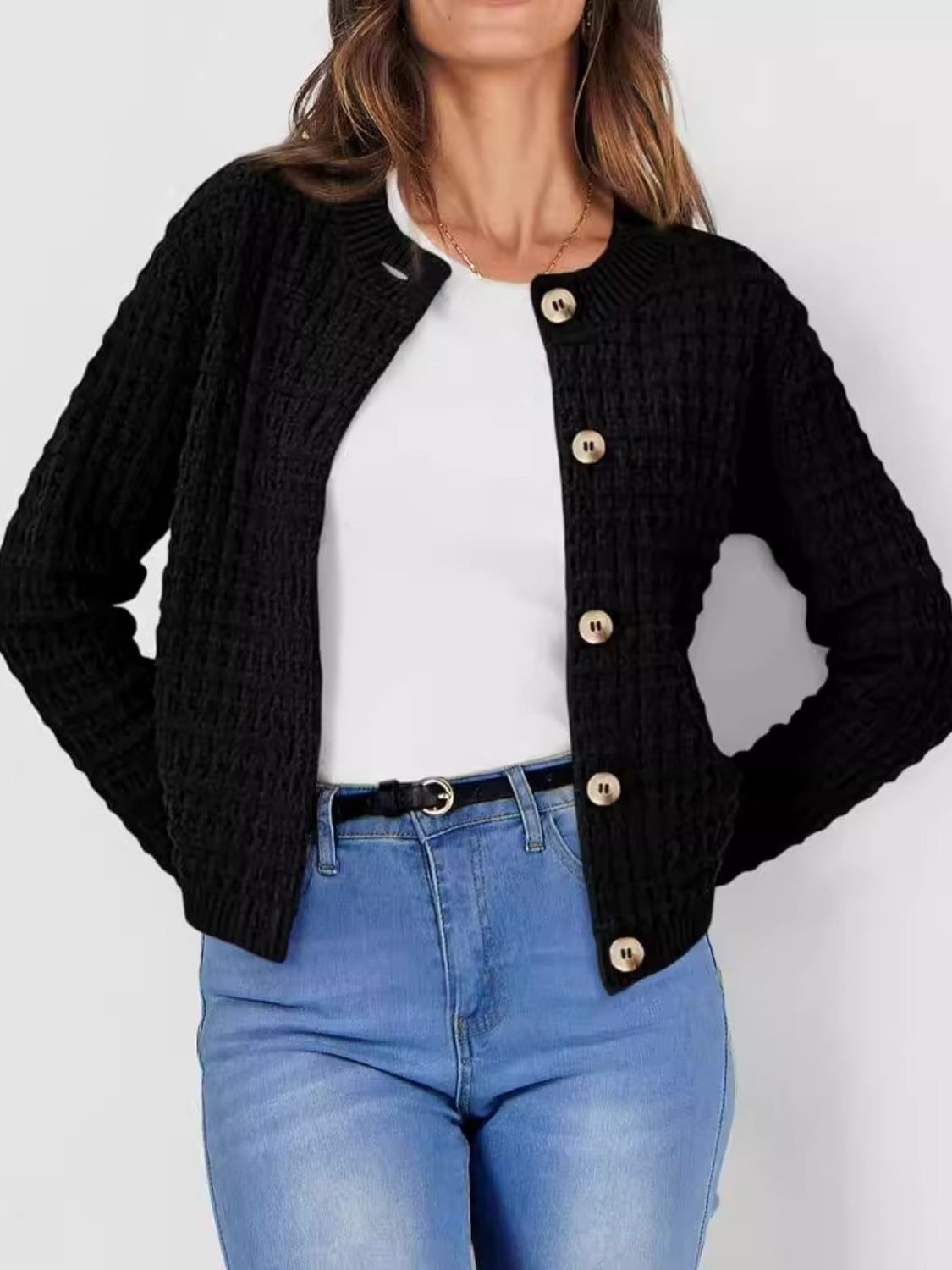 Button Up Round Neck Long Sleeve Cardigan - Black / S