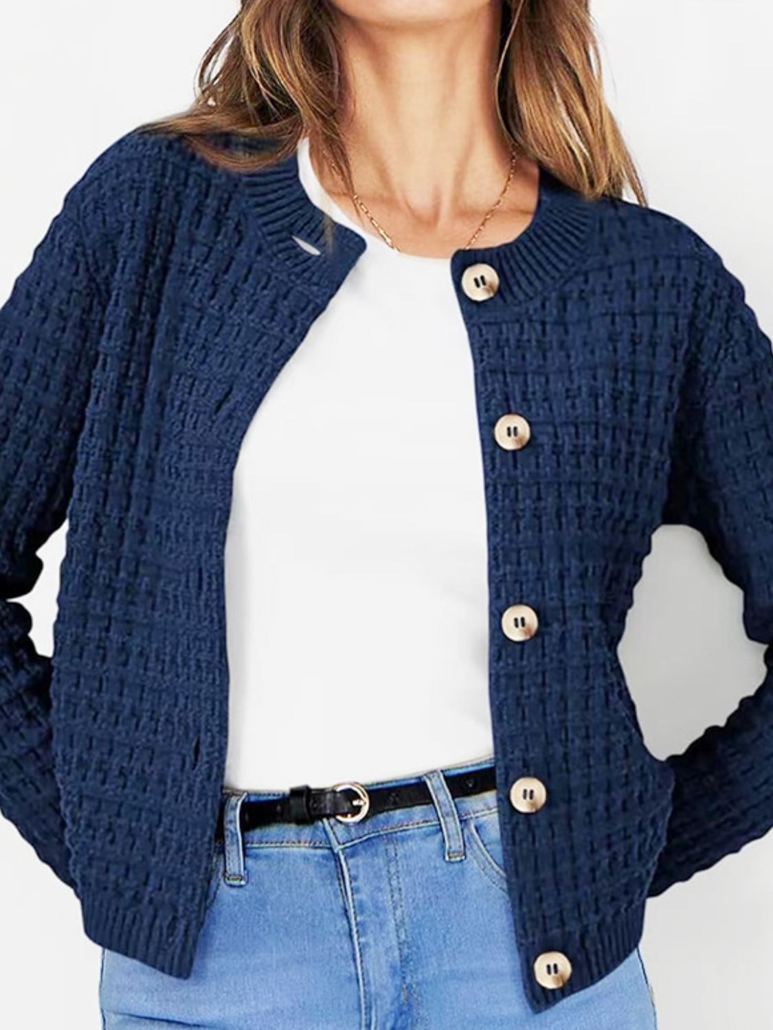 Button Up Round Neck Long Sleeve Cardigan - Navy / S