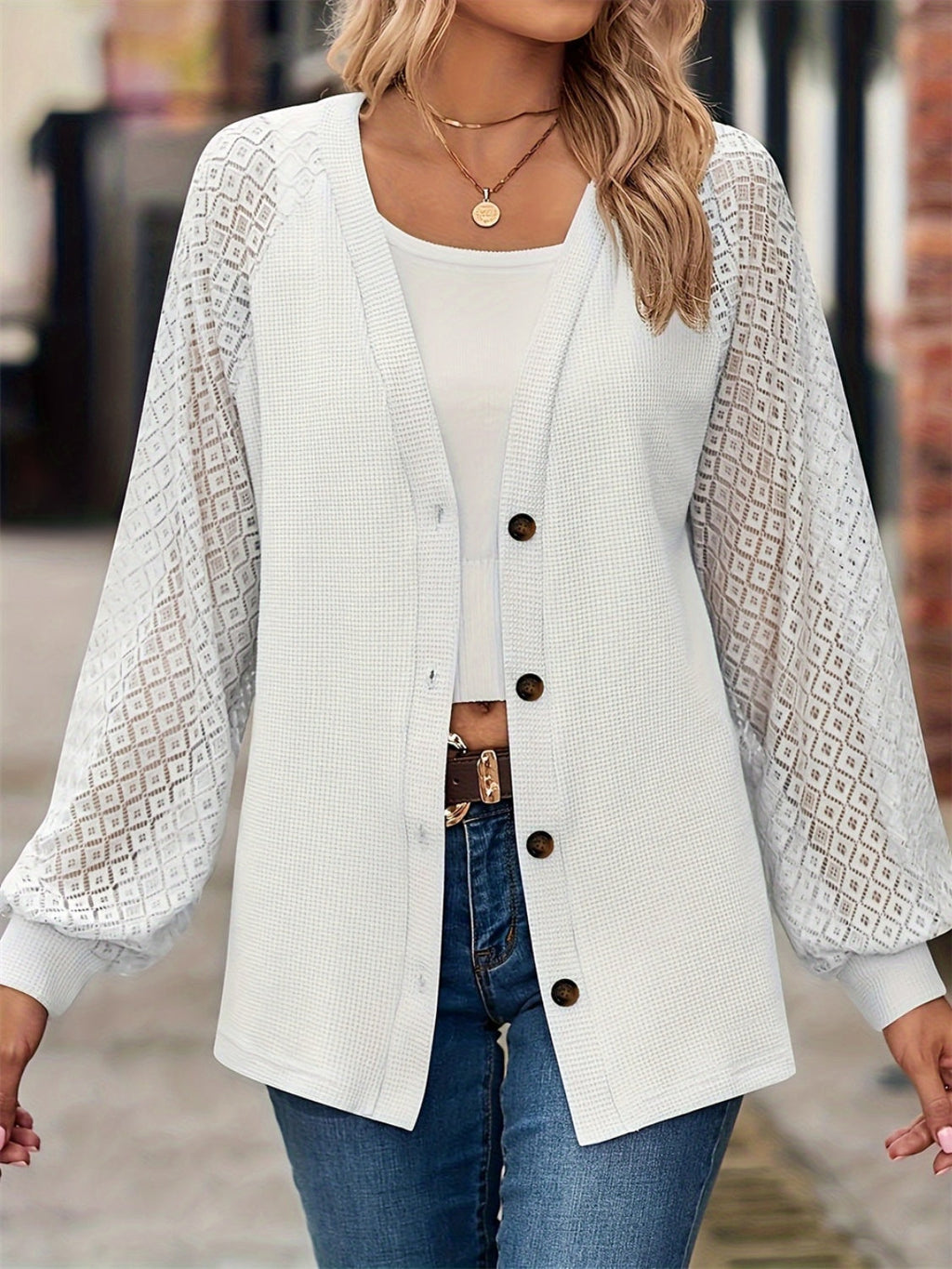 Button Up V-Neck Long Sleeve Outerwear - White / S