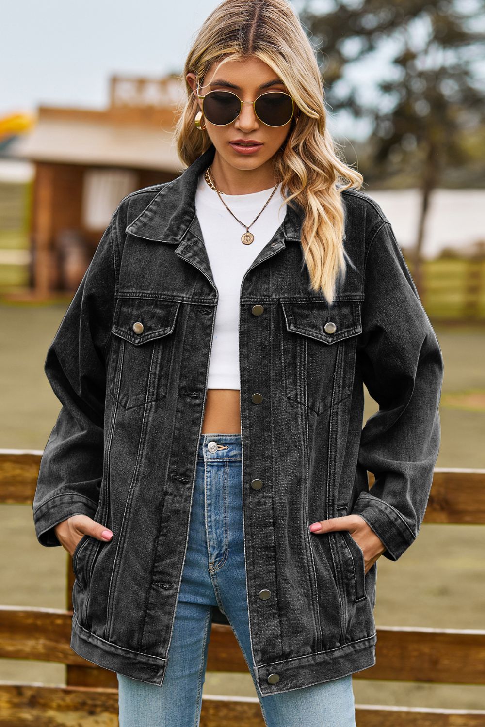 Buttoned Collared Neck Denim Jacket with Pockets - Black / S
