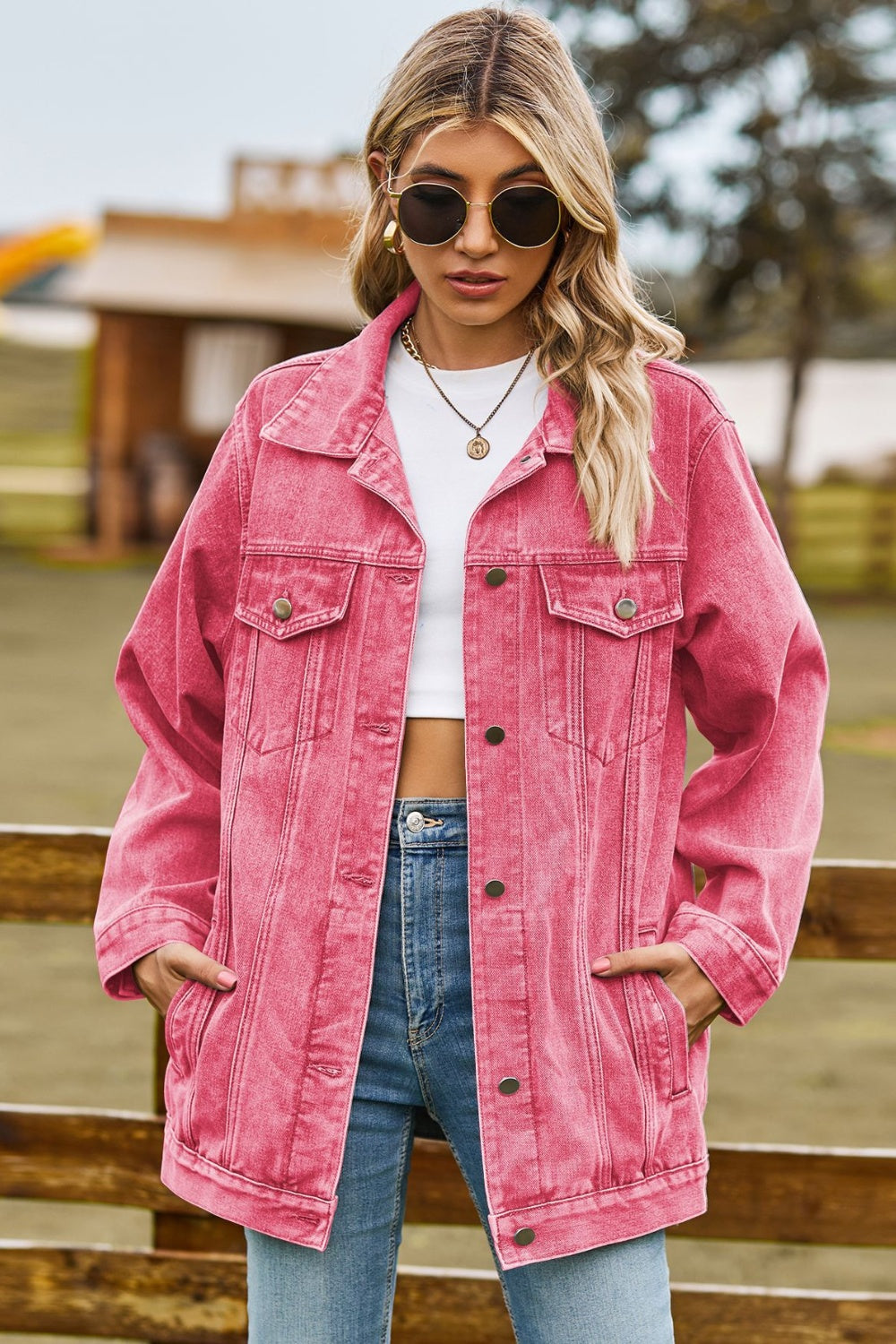 Buttoned Collared Neck Denim Jacket with Pockets - Coral / S