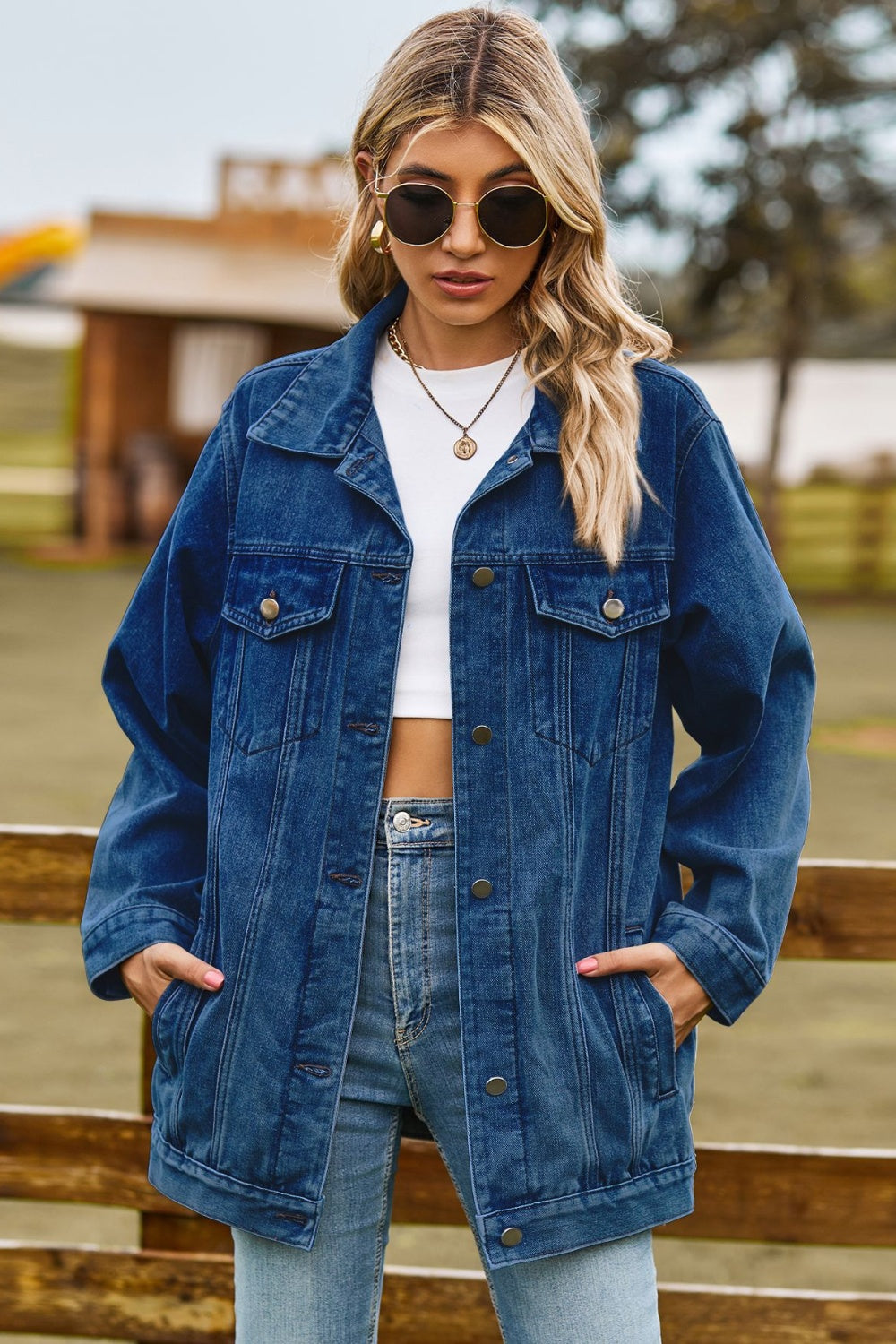 Buttoned Collared Neck Denim Jacket with Pockets - Dark / S
