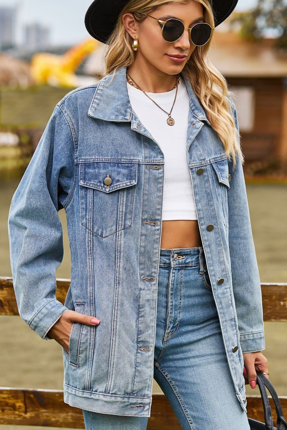 Buttoned Collared Neck Denim Jacket with Pockets - Medium / S