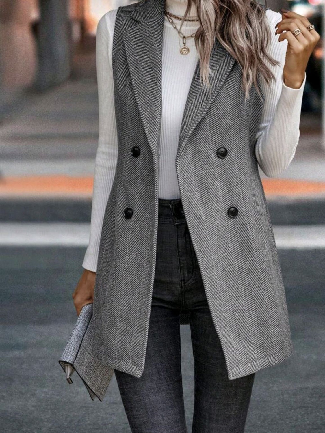 Buttoned Collared Neck Longline Vest Coat - Dark Gray / S