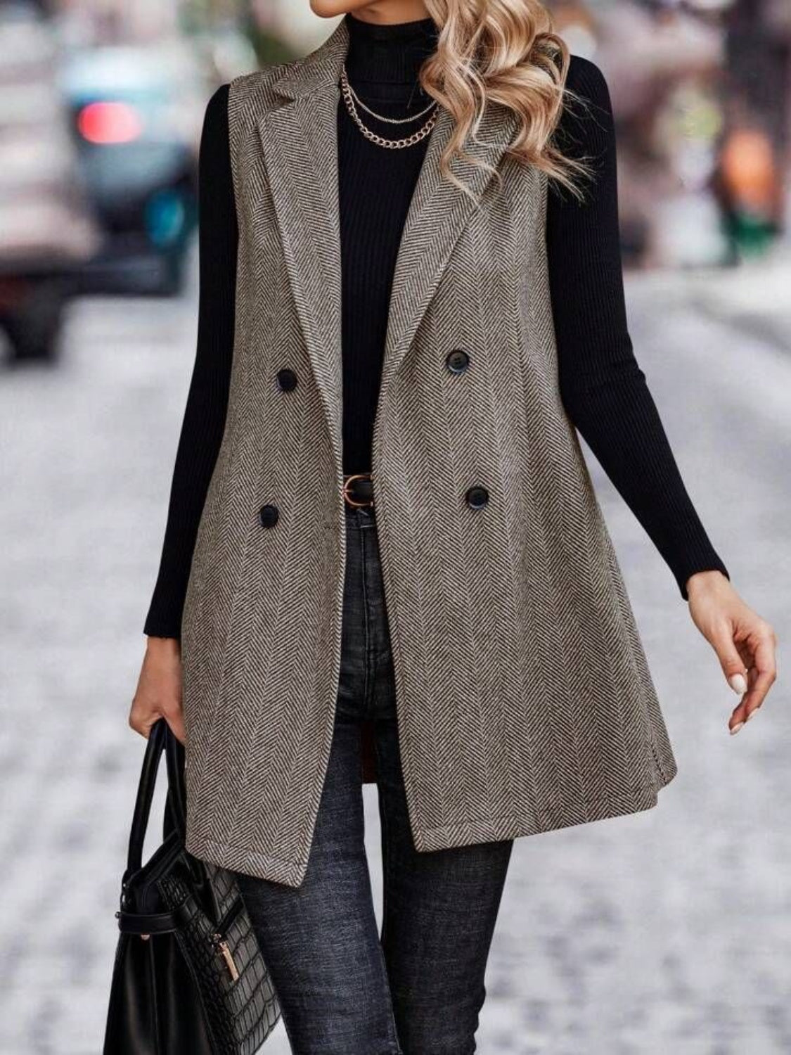 Buttoned Collared Neck Longline Vest Coat - Taupe / S