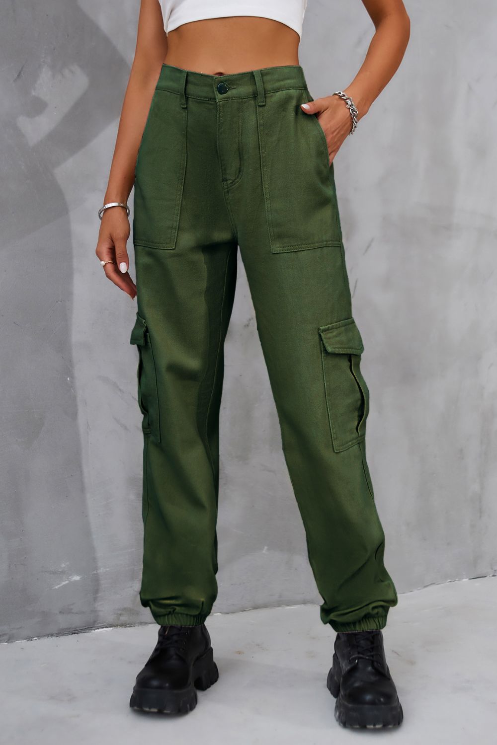 Buttoned High Waist Jeans with Pockets - Army Green / S