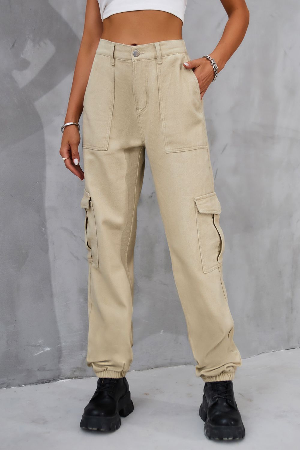 Buttoned High Waist Jeans with Pockets - Tan / S