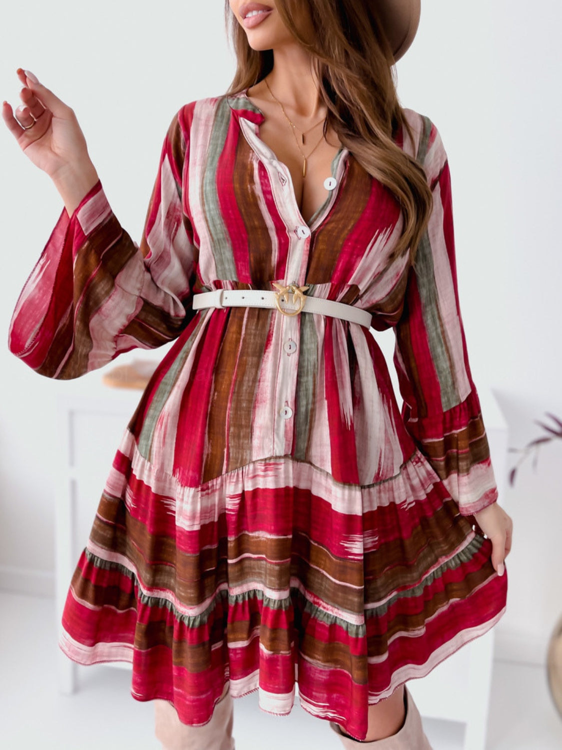 Buttoned Striped Long Sleeve Mini Dress - Deep Rose / S