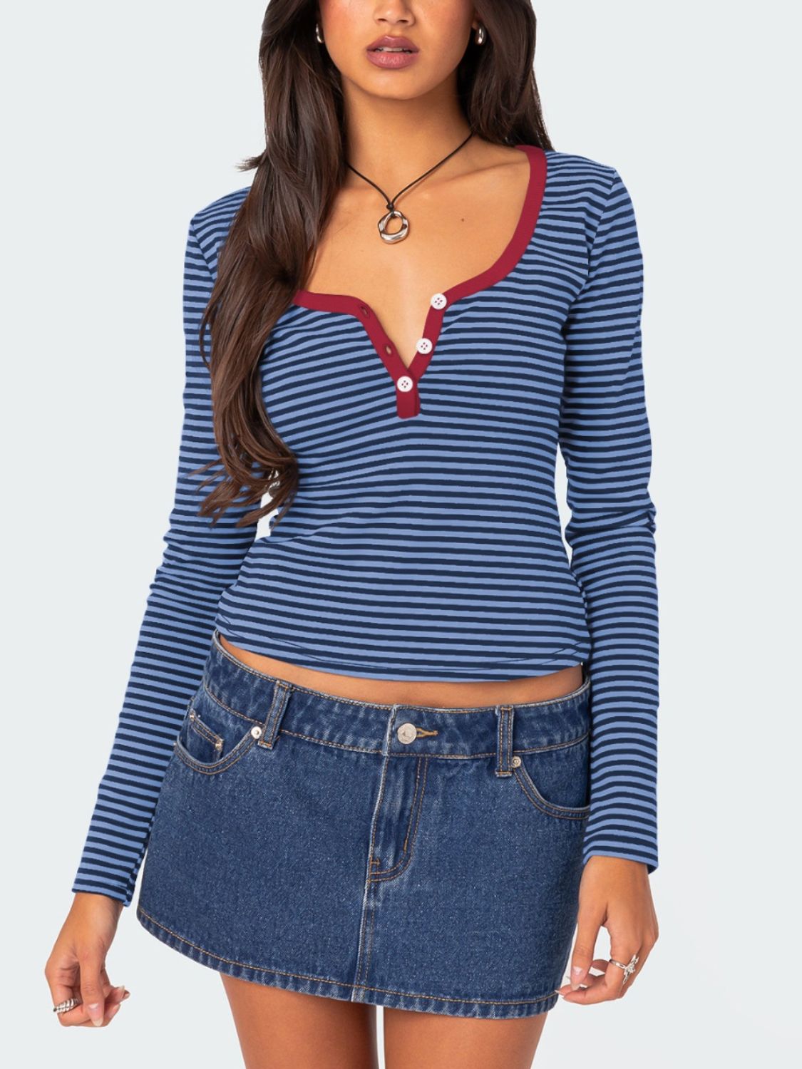 Buttoned Striped Long Sleeve T-Shirt - Navy / S