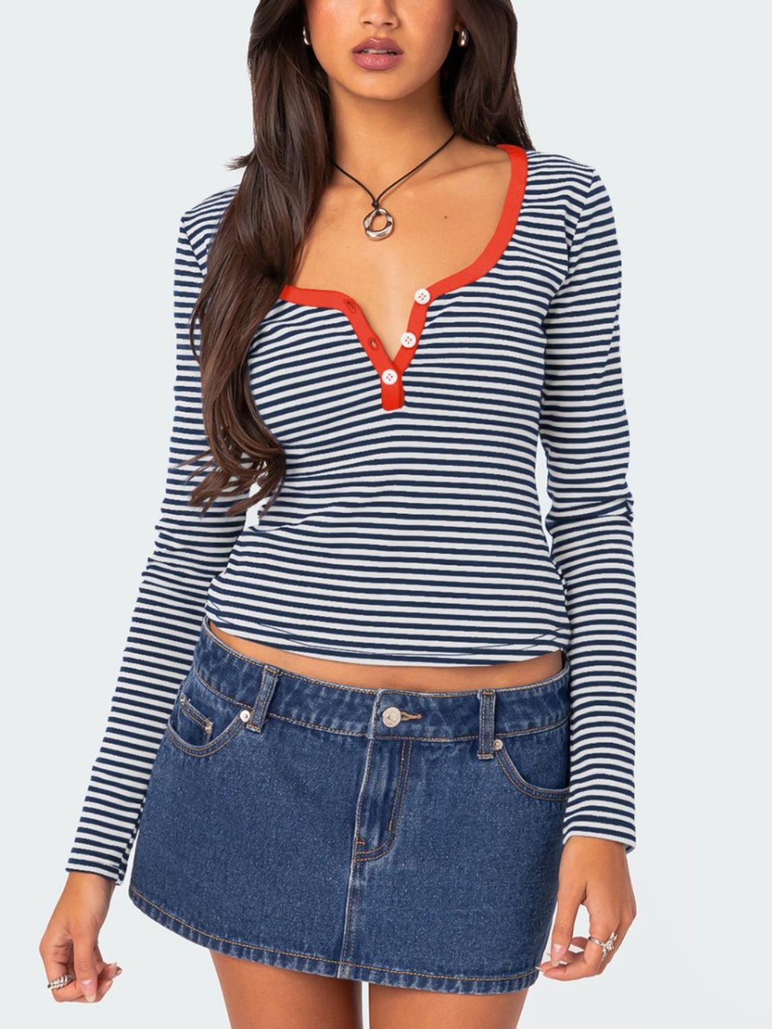 Buttoned Striped Long Sleeve T-Shirt - Orange-Red / S