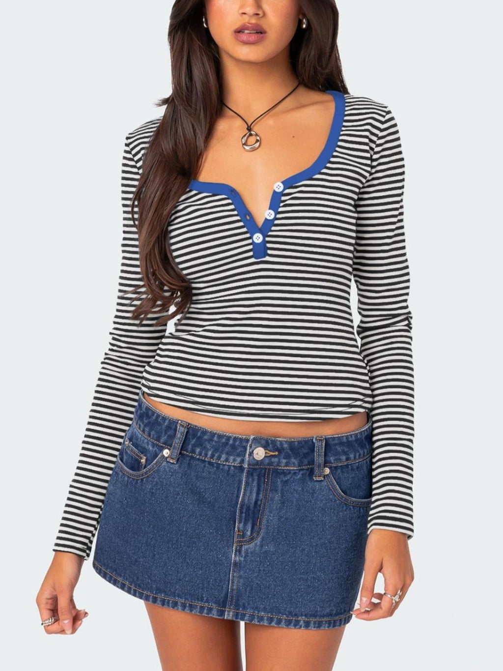 Buttoned Striped Long Sleeve T-Shirt - Royal Blue / S