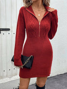 Cable-Knit Half Zip Long Sleeve Sweater Dress - Scarlet / S