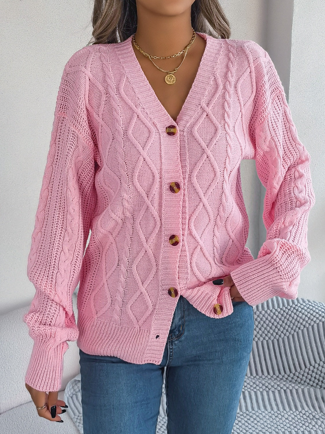 Cable-Knit Long Sleeve Cardigan - Blush Pink / S
