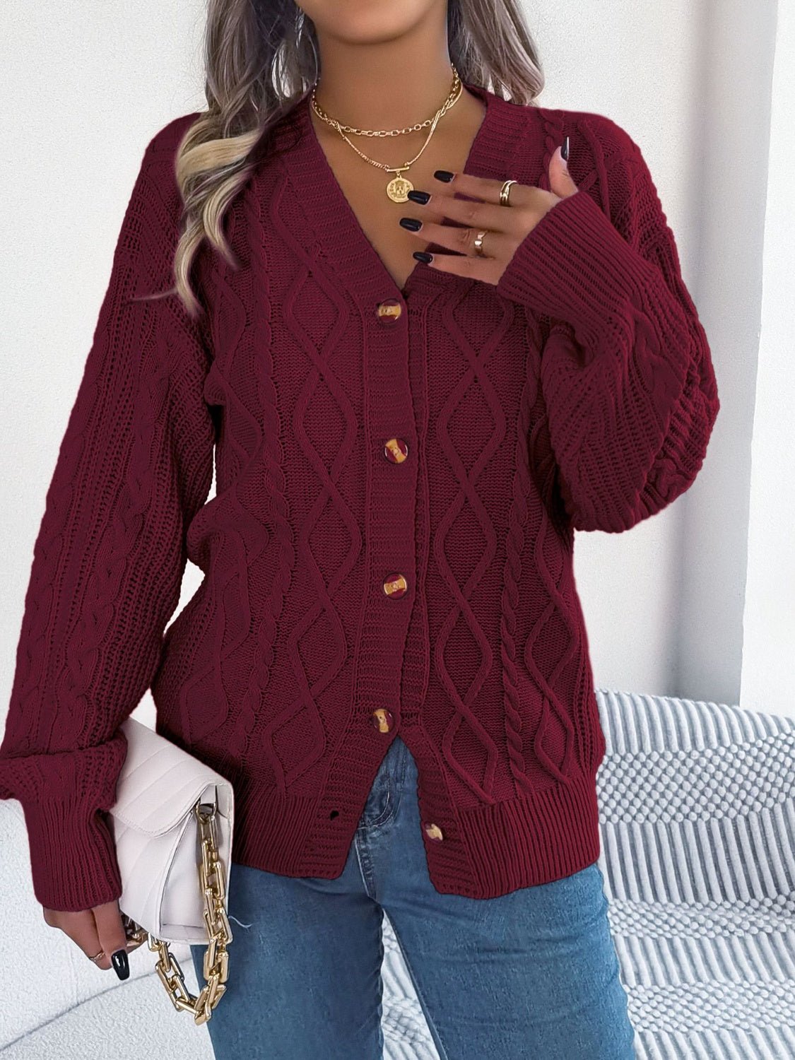 Cable-Knit Long Sleeve Cardigan - Burgundy / S