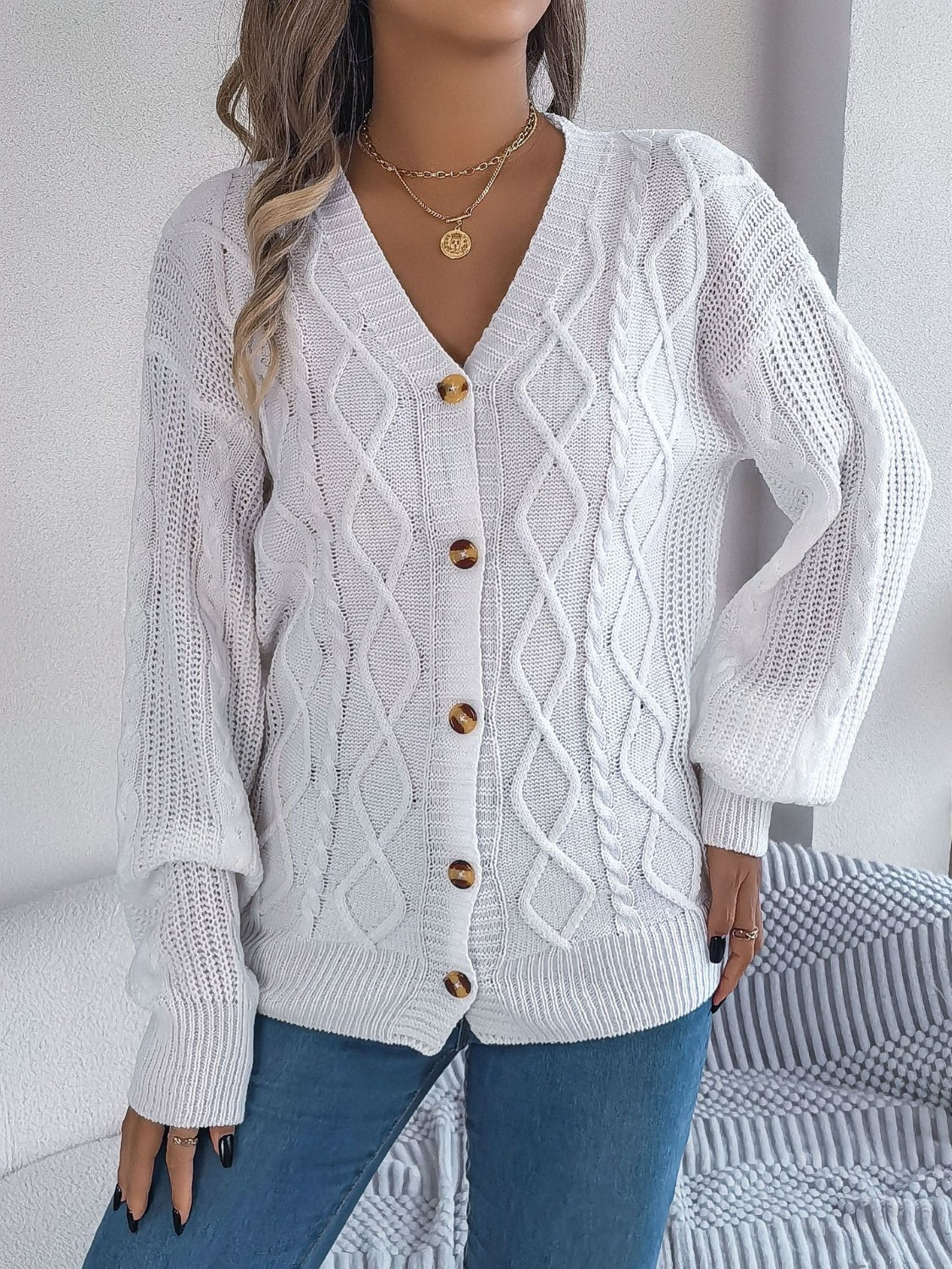 Cable-Knit Long Sleeve Cardigan - White / S