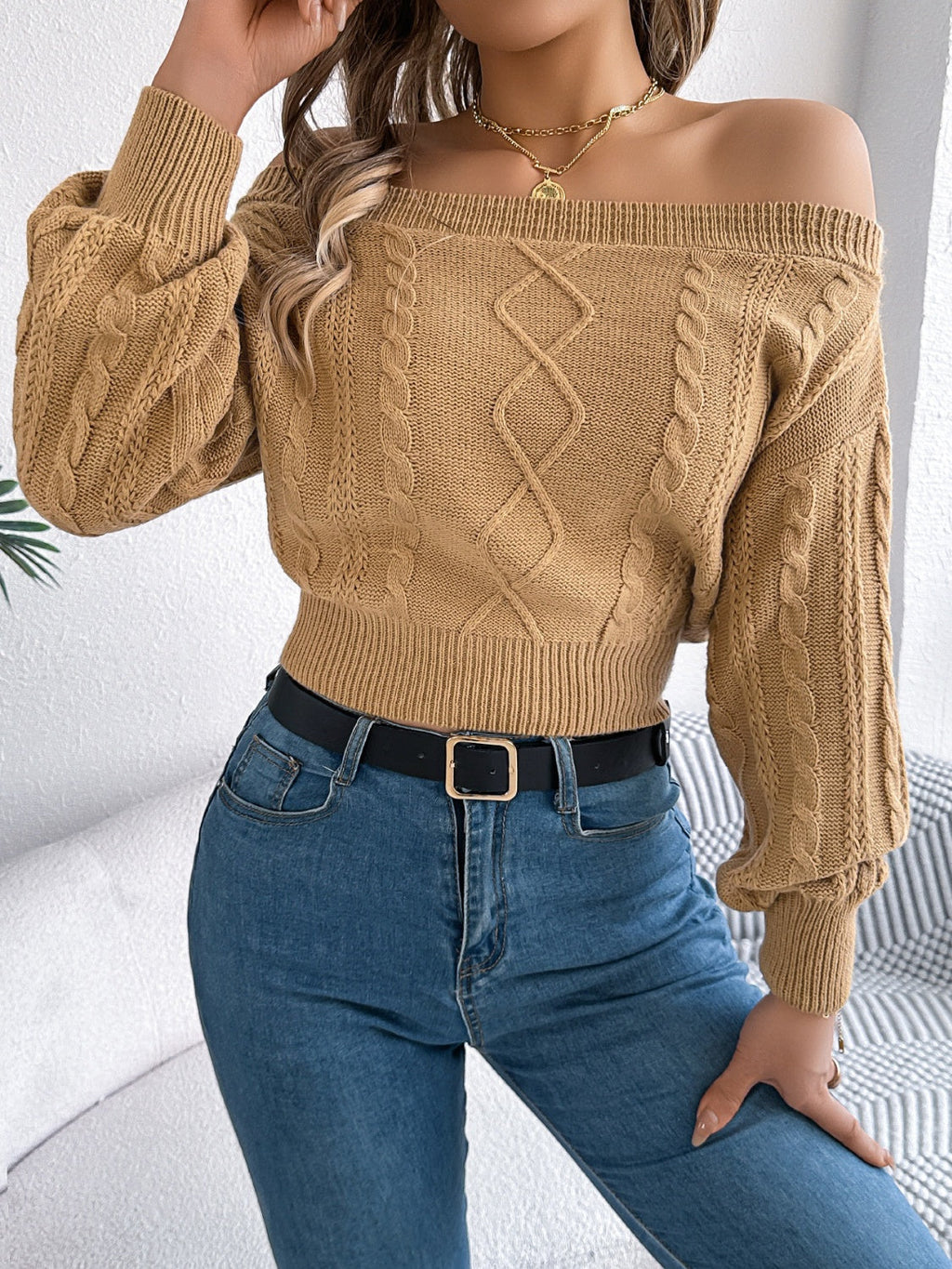 Cable Knit Off-Shoulder Long Sleeve Sweater - Camel / S