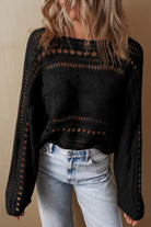 Cable-Knit Openwork Long Sleeve Sweater - Black / M