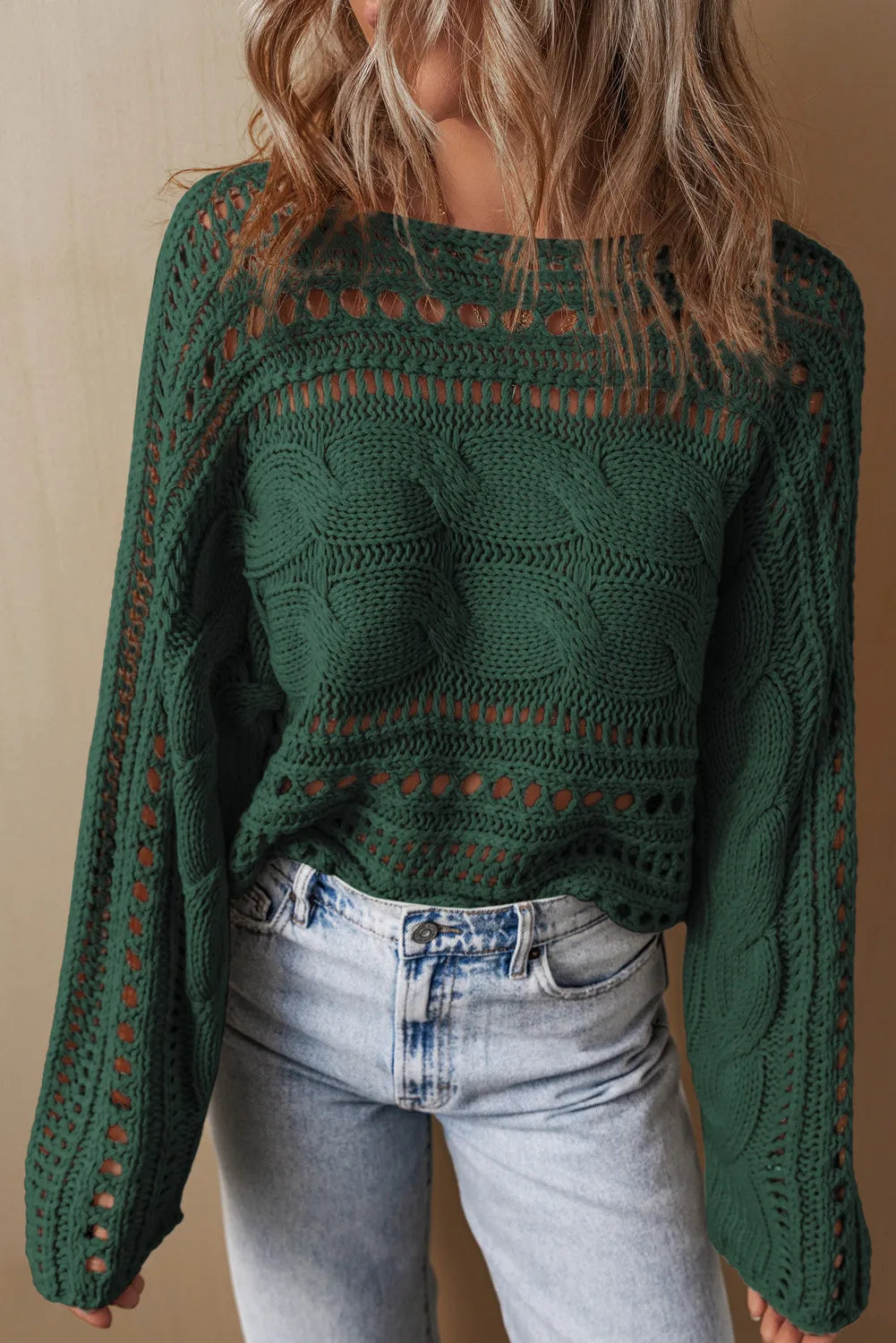 Cable-Knit Openwork Long Sleeve Sweater - Dark Green / XL