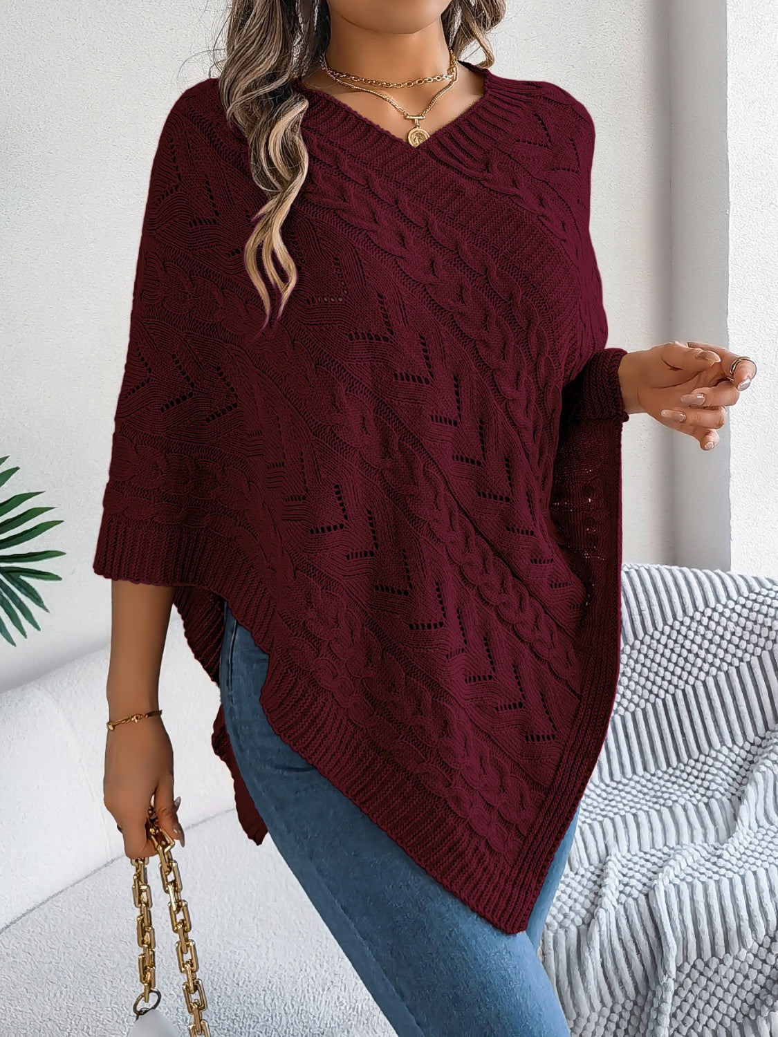 Cable-Knit Openwork Three-Quarter Sleeve Sweater - Burgundy / S
