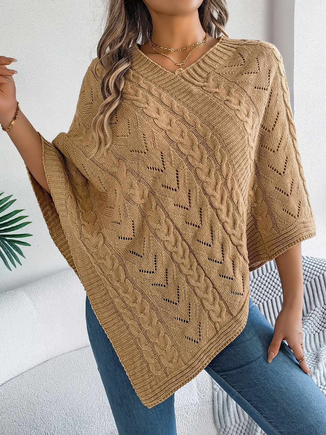 Cable-Knit Openwork Three-Quarter Sleeve Sweater - Camel / S