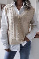 Cable-Knit Ribbed V-Neck Sweater Vest - Cream / S