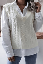 Cable-Knit Ribbed V-Neck Sweater Vest - White / S