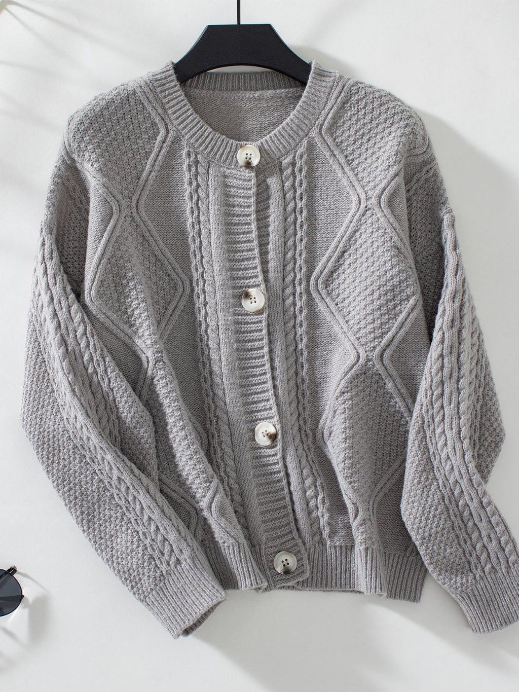 Cable-Knit Round Neck Button Up Cardigan - Gray / S