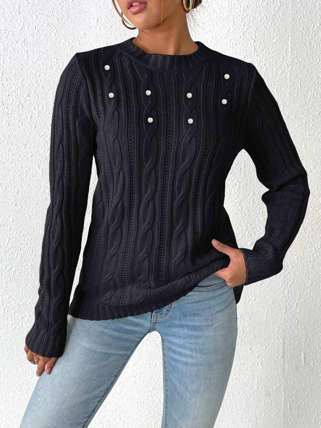 Cable-Knit Round Neck Long Sleeve Sweater - Black / S
